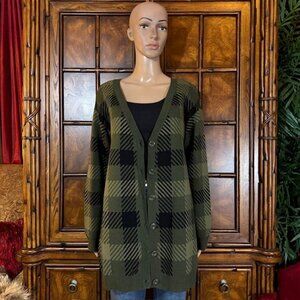 G by Giuliana Olive Black Plaid Cotton Blend Cardigan
